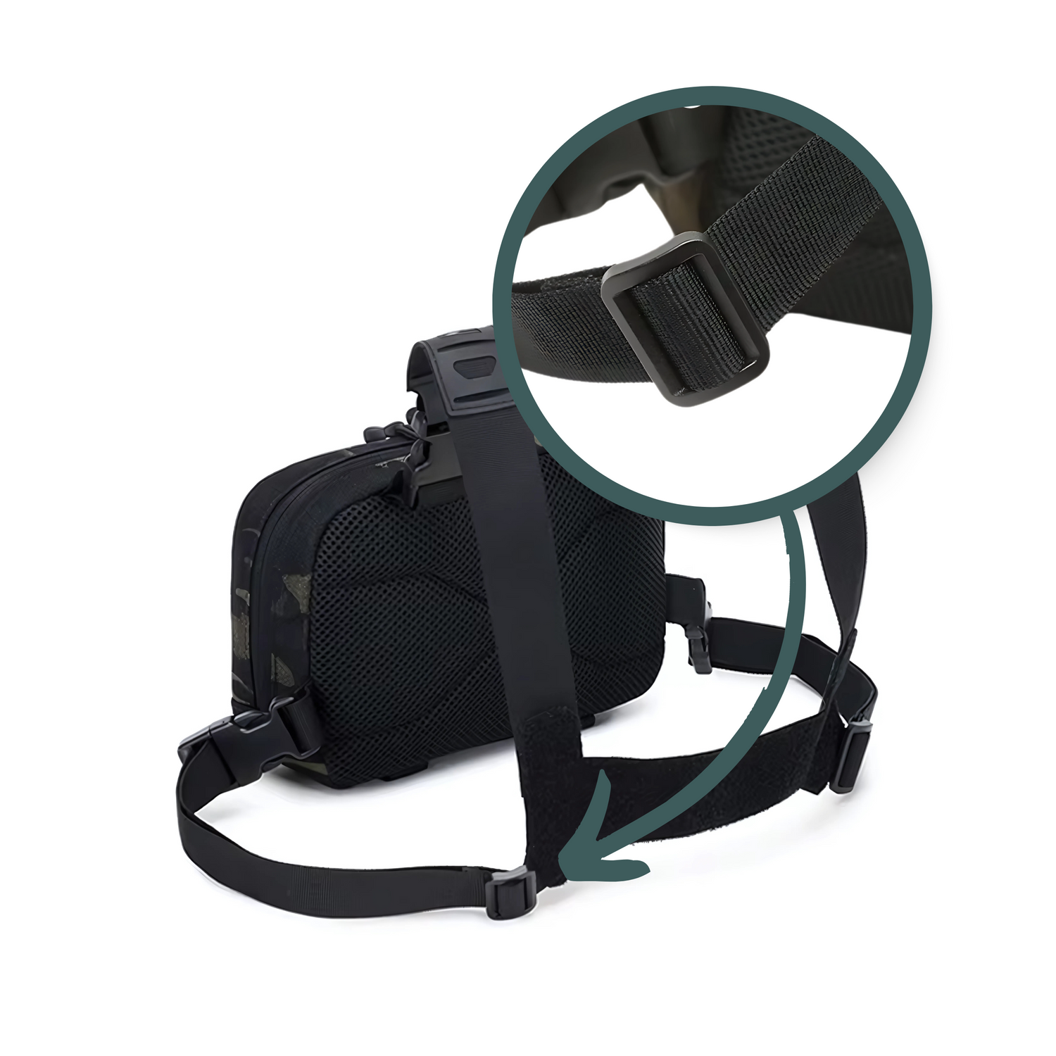 Close-up of tactical chest bag showing adjustable strap buckle and padded mesh back for secure, comfortable fit.