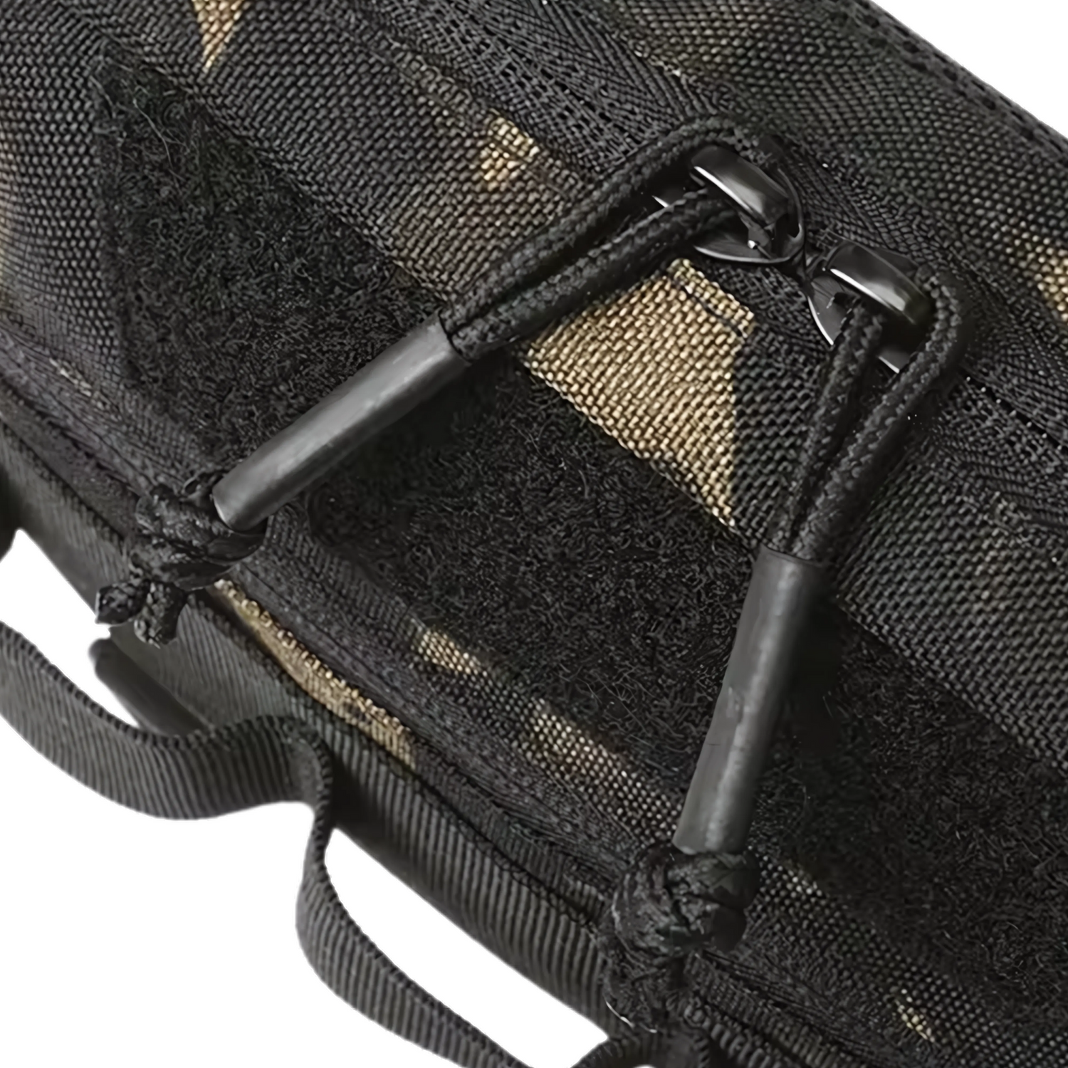 Close-up of tactical chest bag showing heavy-duty dual zippers and rugged fabric for secure and long-lasting performance.