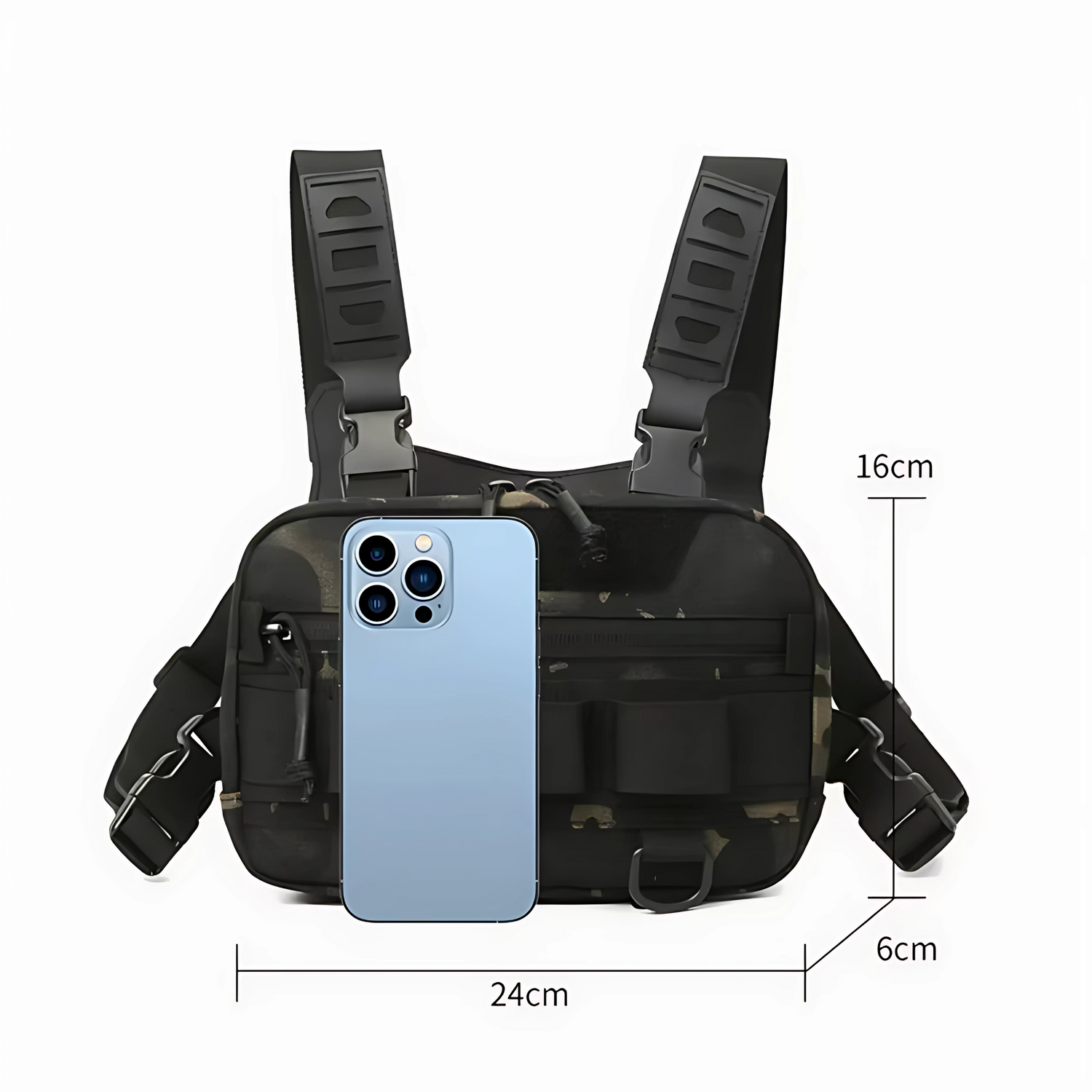 Tactical chest bag shown with iPhone for size reference; dimensions labeled as 24cm wide, 16cm high, and 6cm deep.